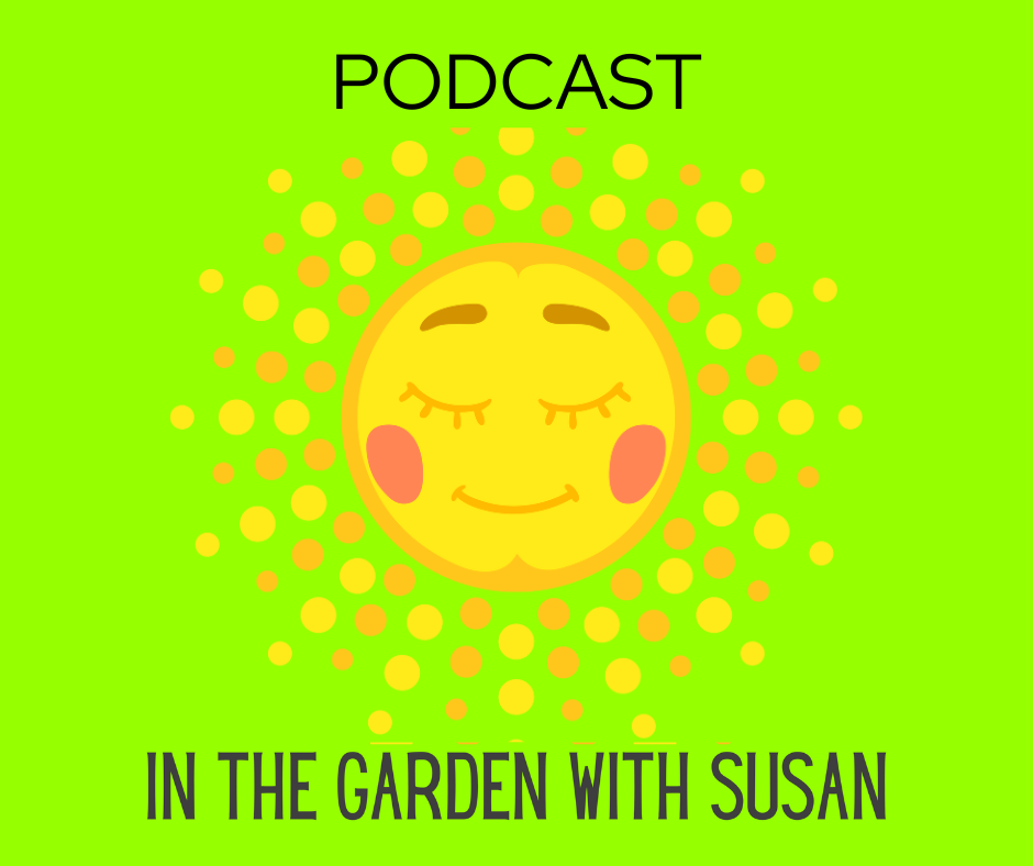 In The Garden With Susan Podcast. A smiling sun glows over the title. A Garden Faerie Botanicals Production