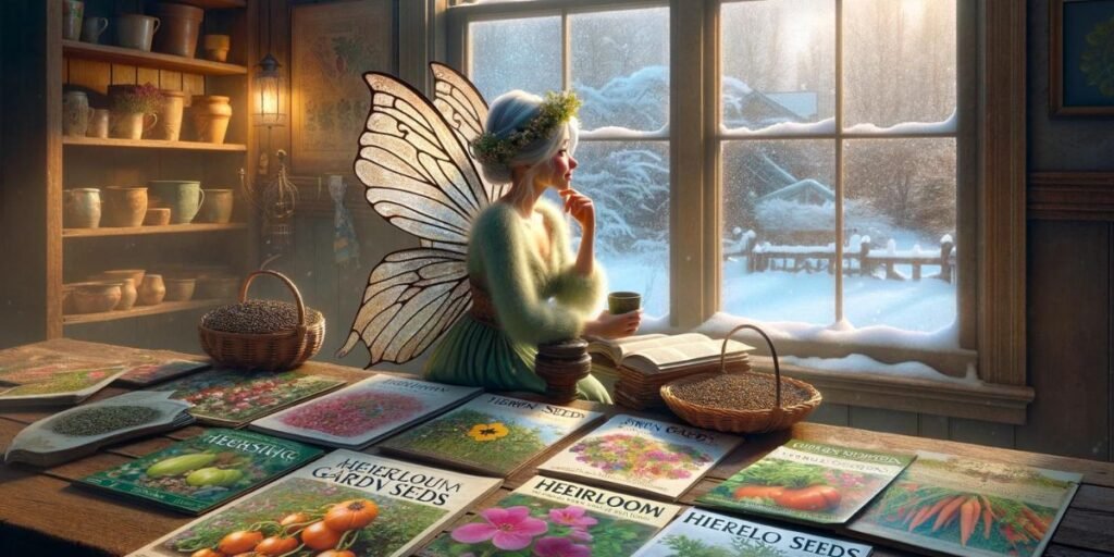 A-barefoot-faerie-sits-dreaming-of-planting-rare-and-endangered-heirloom-seeds-after-reading-seed-catalogs.-Garden-Faerie-Botanicals