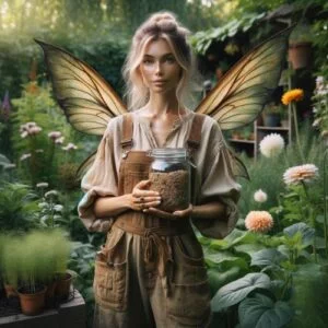 The Garden Faerie. Holding a jar of rare and endangered heirloom seeds. Garden Faerie Botanicals. BC Canada