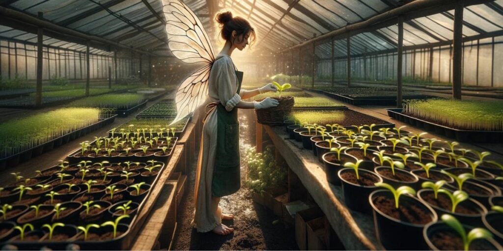 A barefoot faerie works with heirloom vegetable plants grown from seed in a greenhouse.  She is an organic Canadian seed supplier in British Columbia. Garden Faerie Botanicals