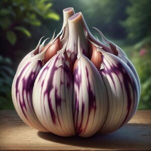 Metechi garlic is a hardneck marbled purple stripe variety, originating from the Republic of Georgia, known for its large, fiery bulbs. It features intense heat when eaten raw, aptly nicknamed "Great Bulbs of Fire." The cloves are covered in thick, parchment-like white wrappers with purple striping, and the clove skins are dark brown streaked with purple, ending in long, sharp pointed tips. Adaptable to various climates, Metechi is resilient and has a late-season maturity. Its unique flavor mellows when cooked, retaining a robust garlic taste. This garlic's impressive storing capability of about 6 months makes it a favorite for both gardeners and culinary enthusiasts. Garden Faerie Botanicals British Columbia Canada