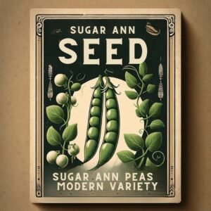 An image of a vintage seed package of Sugar Ann sugar snap peas. This is a modern cultivar from 1987 and is grown for its early maturing sweet peas and ability to grow in containers. Organically grown by Garden Faerie Botanicals in British Columbia Canada