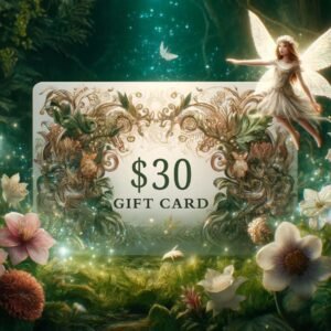An image of a $30 gift card and a barefoot faerie flying beside it. Garden Faerie Botanicals. Heirloom seeds, sunchokes, Jerusalem artichokes, garlic bulbs, bulbils, potatoes and perennial vegetables organically grown in BC, Canada.