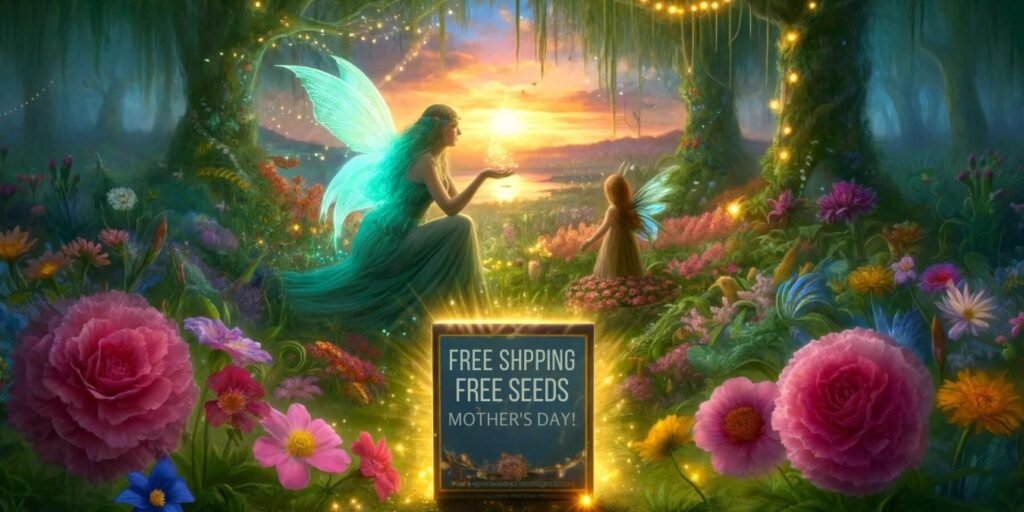 A beautiful and magical image of a mother and daughter faerie. They are in a heirloom flower garden with lights that glow as the sun is setting. A sign reads "Free Shipping, Free Seeds, Mother's Day!." Garden Faerie Botanicals.  Heirloom Seed Supplier, British Columbia, Canada