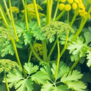 Lovage has gone to seeds in this image. Beautiful green leaves with yellow flowers. Garden Faerie Botanicals. Organically grown heirloom seeds. BC, Canada