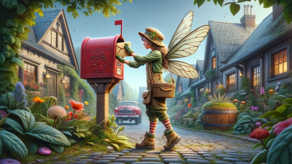 A garden faerie is just out the the garden wearing her work boots and garden gloves/ She is mailing off some heirloom seed orders to excited customers. The image shows the garden Faerie placing an envelope into a traditional red Canadian mailbox in a small town. Garden Faerie Botanicals. British Columbia Canada