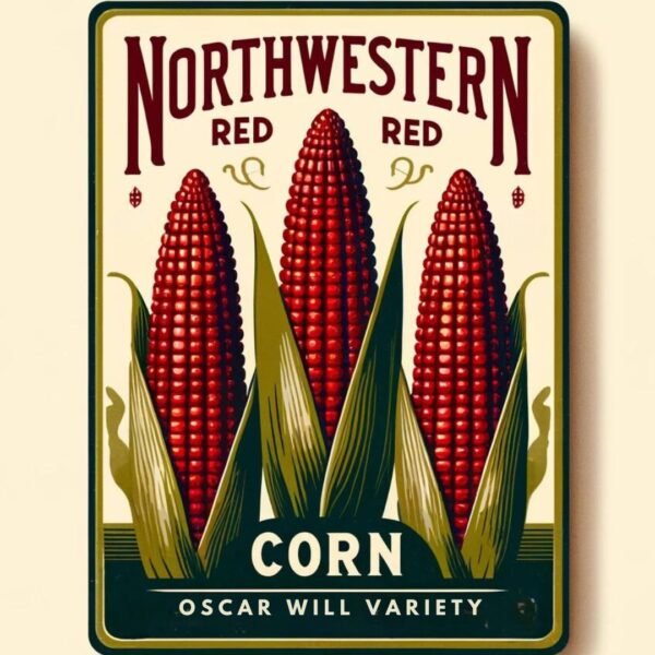 Northwestern Corn Seed. An image of a vintage corn seed package from Oscar Will's seed company. It shows 3 cobs of white capped red corn. Garden Faerie Botanicals. Heirloom seeds, Canada